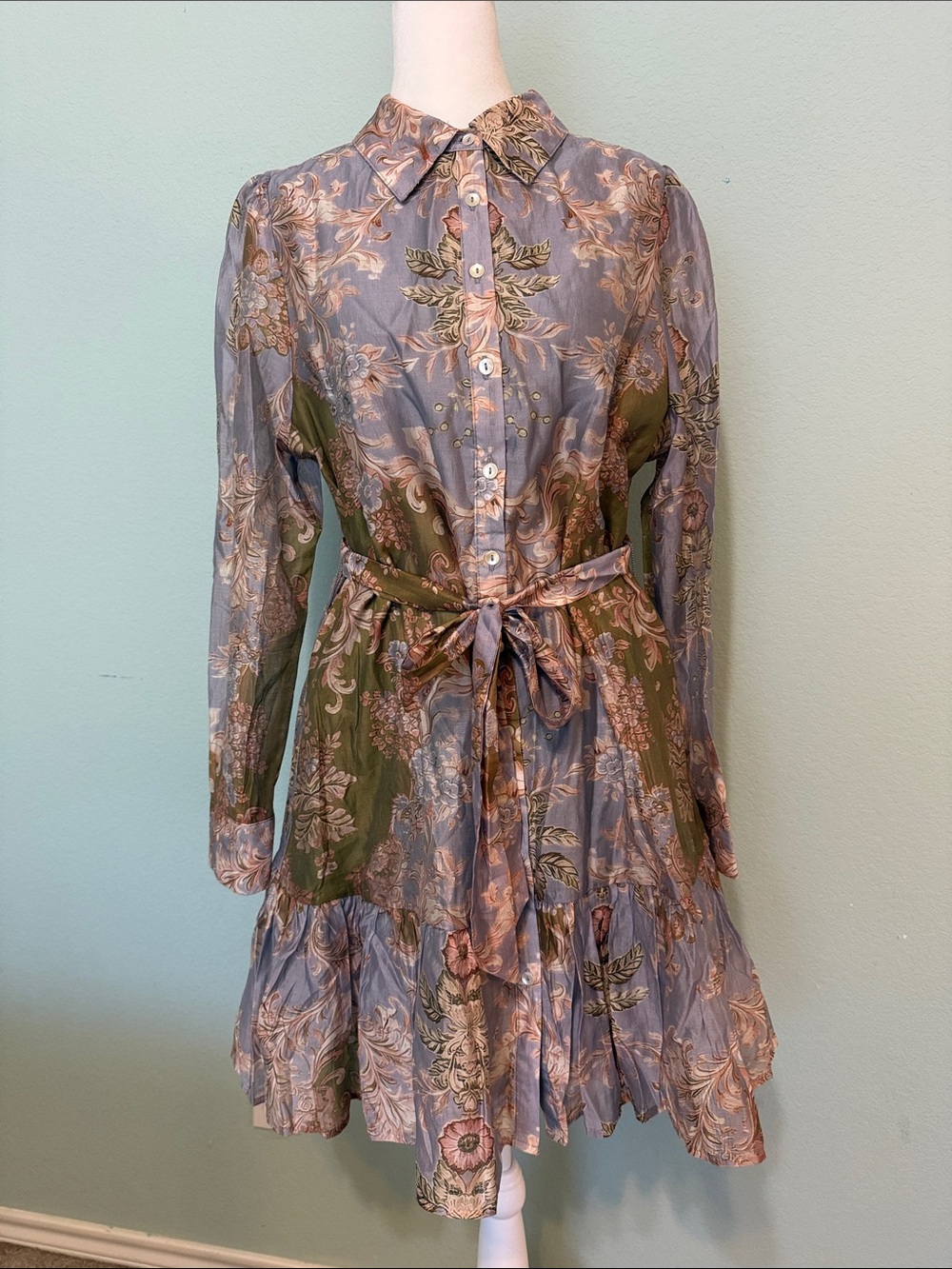 Long-Sleeve Paisley Floral Button-Front Dress with Tie in Dusty Blue and Olive